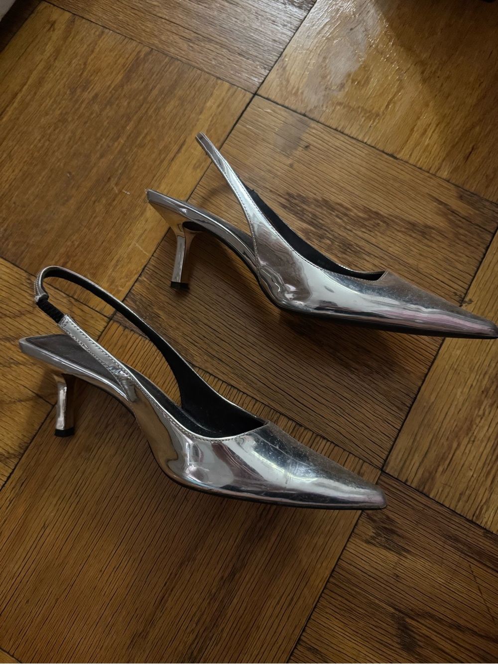 H&M Metallic Silver Pointed Slingback Kitten Heels